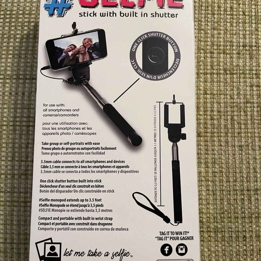 Black Selfie Stick with Built-in Shutter. For use with all smartphones